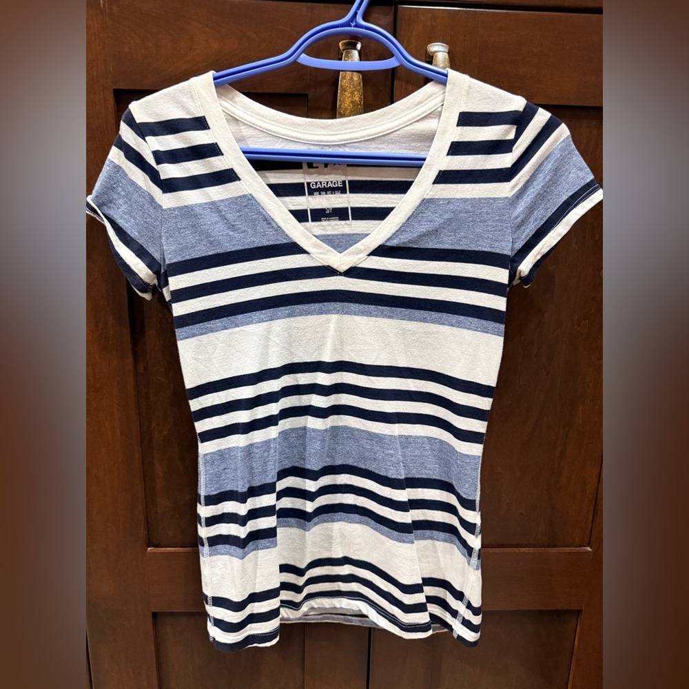 Garage Navy and White Striped V-Neck Tee